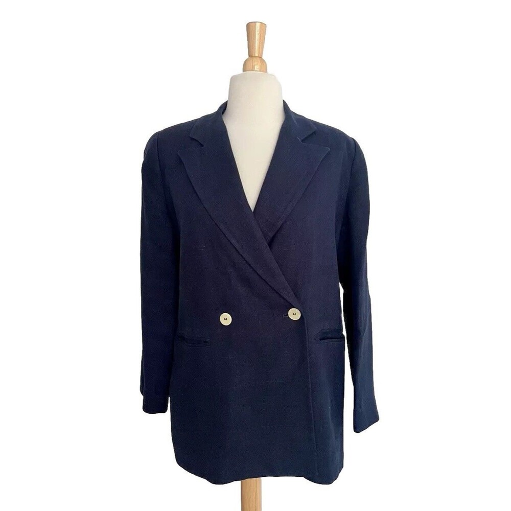 Harve Benard Womens Sz M Navy Blue Linen Blazer Jacket Vintage Office Summer